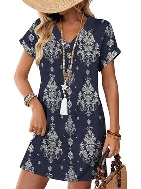 Women's navy Print Dresses Wedding Guest Casual Beach Vacation Summer T Shirt